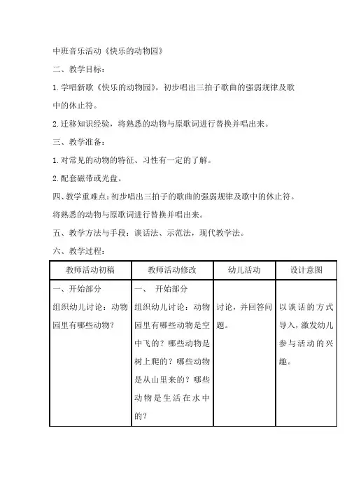 中班音乐活动《快乐的动物园》