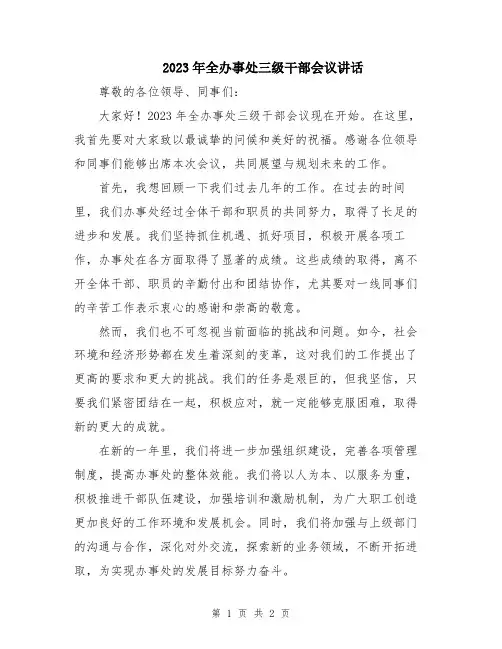2023年全办事处三级干部会议讲话