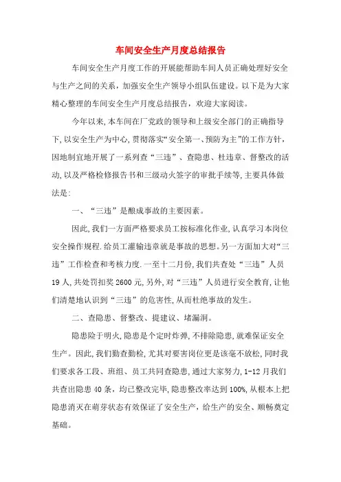 2019年车间安全生产月度总结报告