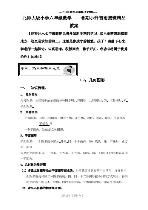 北师大版小学数学小升初衔接班精品教案(教师版)——第二课时：几何图形(一)