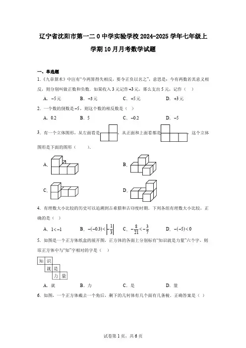 辽宁省沈阳市第一二O中学实验学校2024-2025学年七年级上学期10月月考数学试题