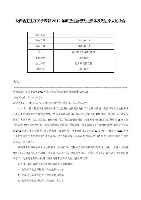 陕西省卫生厅关于表彰2012年度卫生监督先进集体及先进个人的决定-陕卫监发[2013]28号