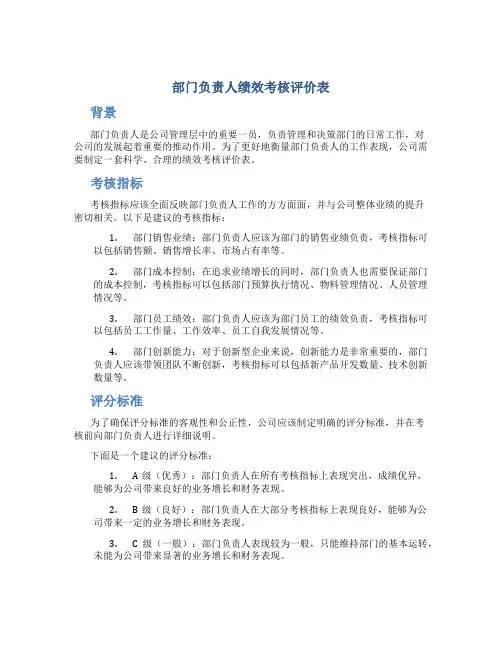 部门负责人绩效考核评价表