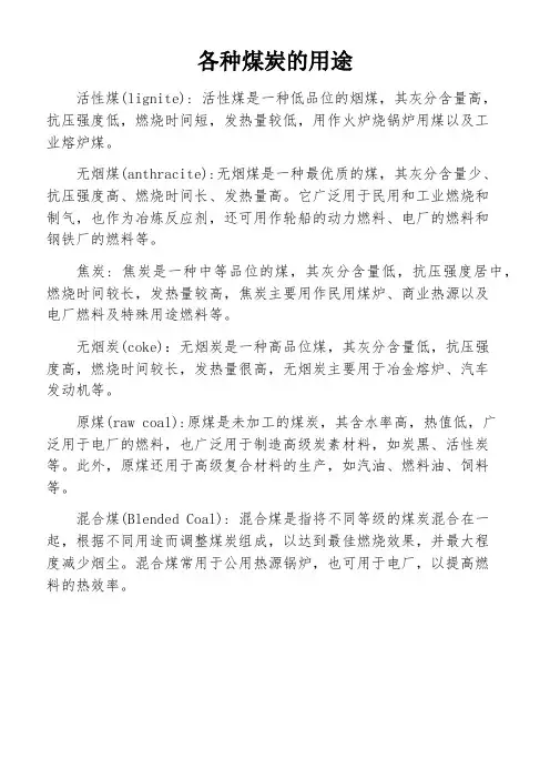 各种煤炭的用途