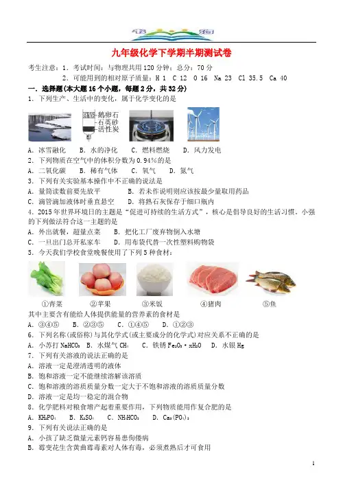 人教版九年级化学下学期半期测试卷(无答案).doc