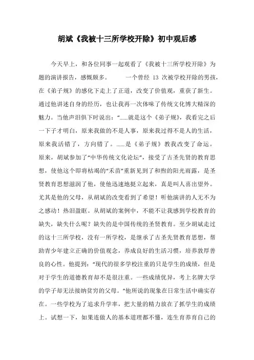 胡斌《我被十三所学校开除》初中观后感