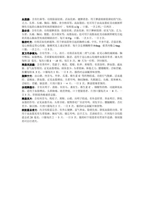 常用降脂中成药