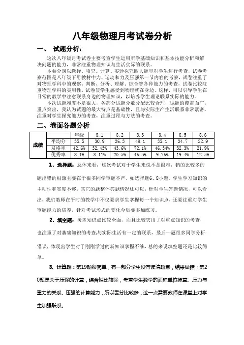 八年级物理月考试卷分析