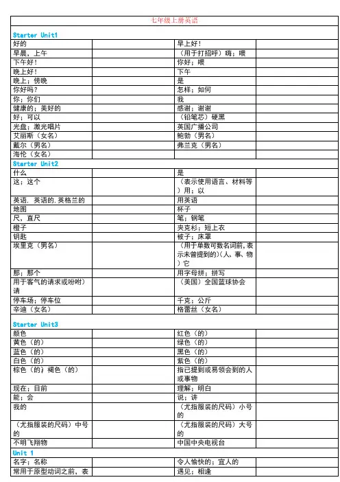 七年级上册英语单词(汉译英)