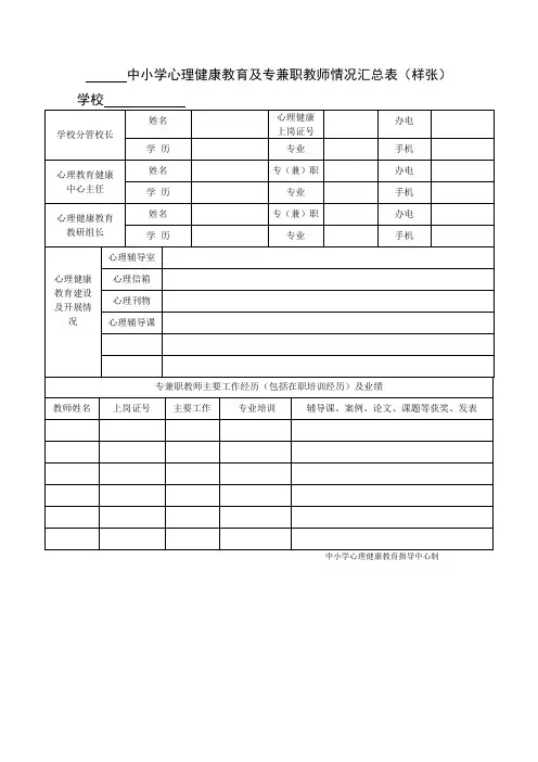 中小学心理健康教育及专兼职教师情况汇总及登记表