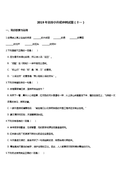 2019年名校小升初语文冲刺试题(11) 人教新课标 含答案