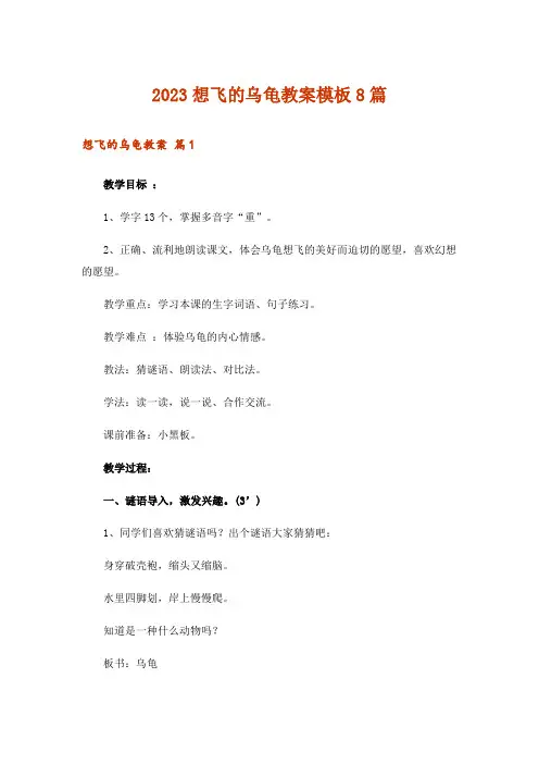 2023想飞的乌龟教案模板8篇