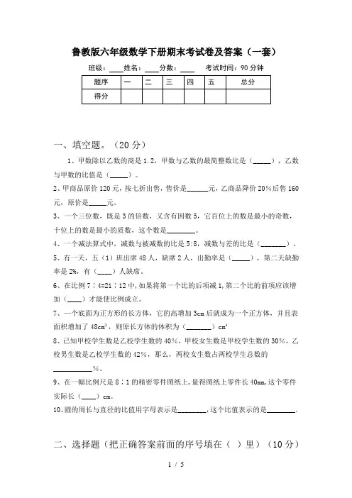 鲁教版六年级数学下册期末考试卷及答案(一套)