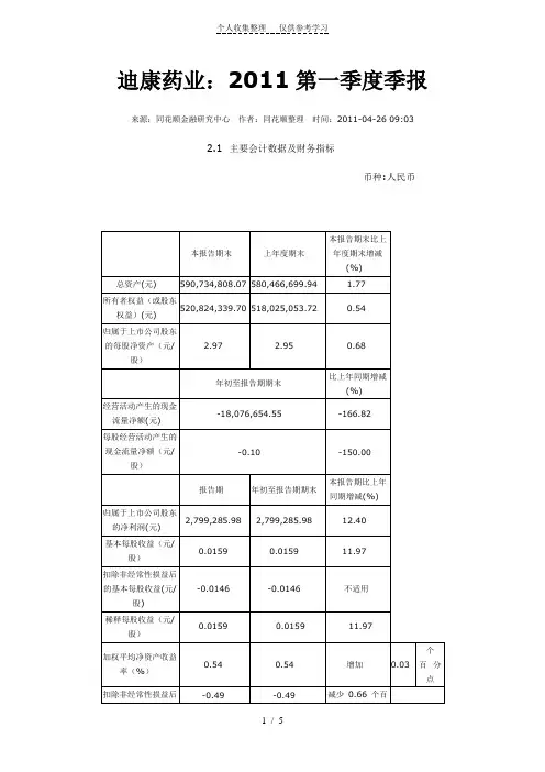 迪康药业：2011第一季度季报