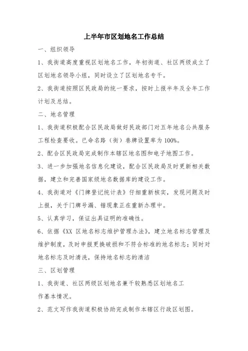 优秀工作总结范文：上半年市区划地名工作总结