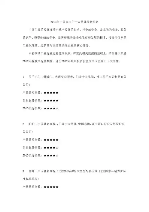2012年中国室内门十大品牌最新排名