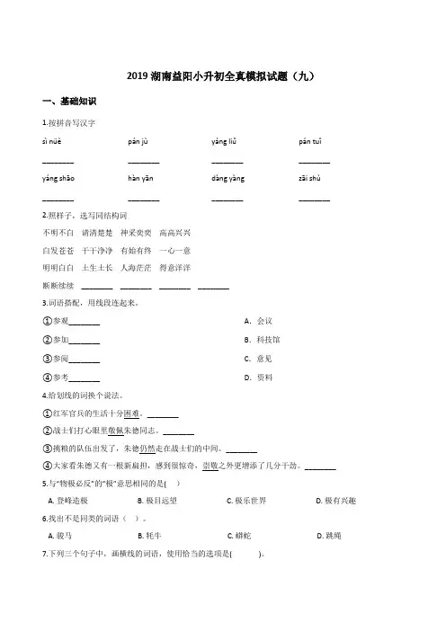 【人教课标版】六年级下册语文试题-2019湖南益阳小升初全真模拟试题(九)含答案