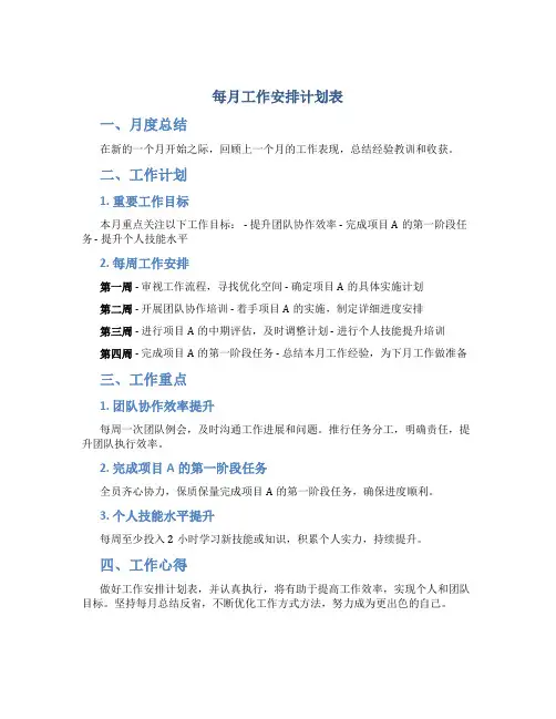 每月工作安排计划表