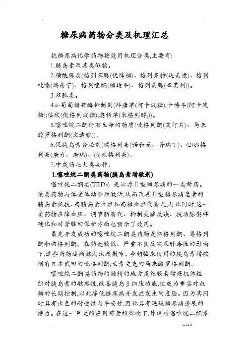 糖尿病药物分类及机理