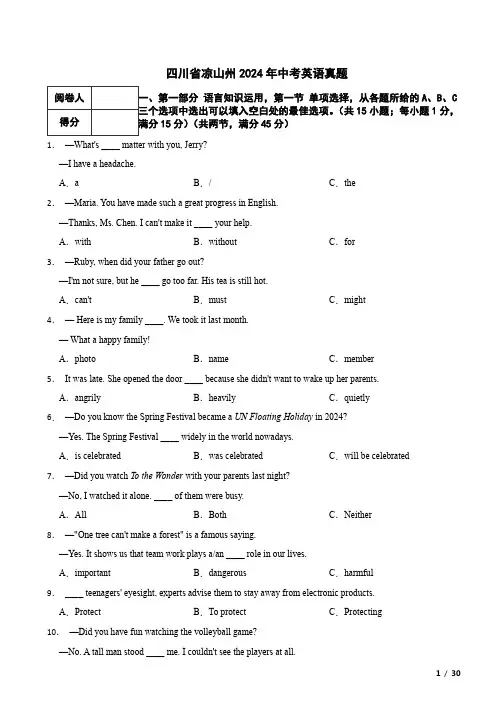 四川省凉山州2024年中考英语真题试卷 附解析