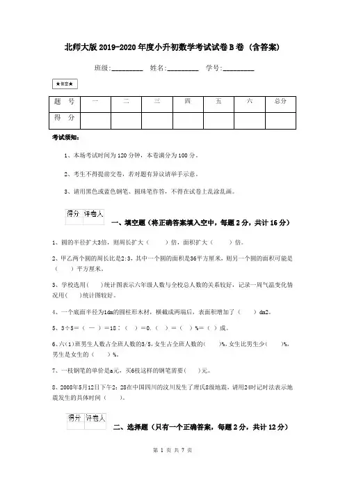 北师大版2019-2020年度小升初数学考试试卷B卷 (含答案)
