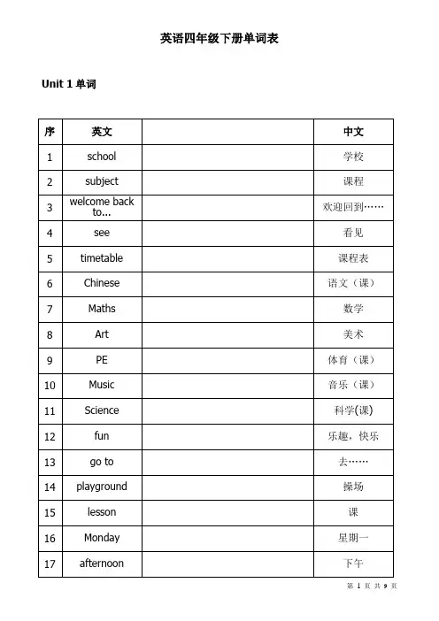 苏教版四年级下册英语单词表