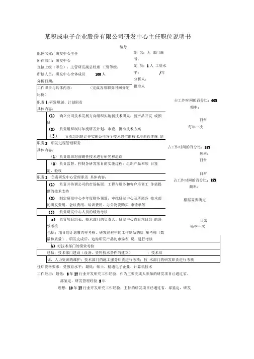 积成电子企业研发中心主任职位说明书