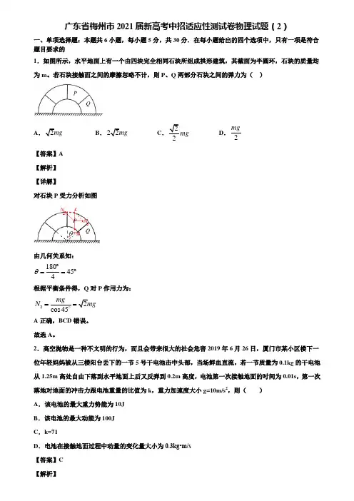广东省梅州市2021届新高考中招适应性测试卷物理试题(2)含解析