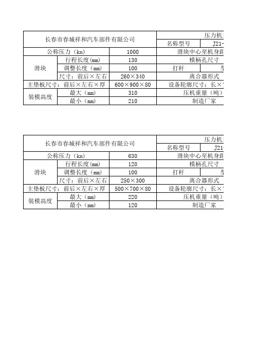 压力机技术参数