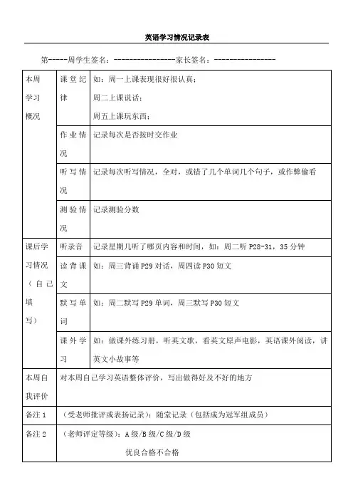 英语学习情况记录表格模板