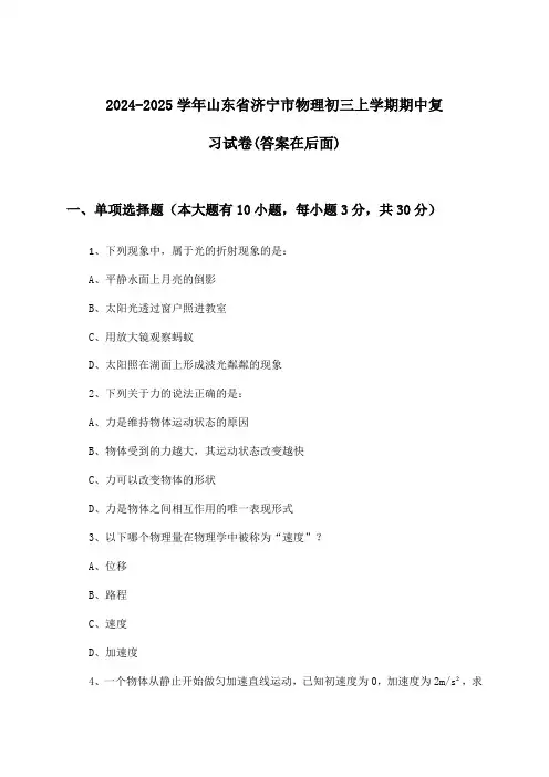 2024-2025学年山东省济宁市初三上学期期中物理试卷及解答参考