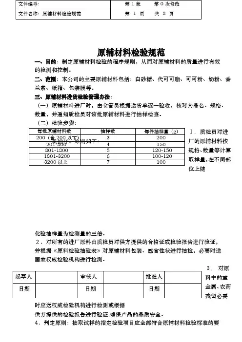 食品公司原辅材料检验规范标准