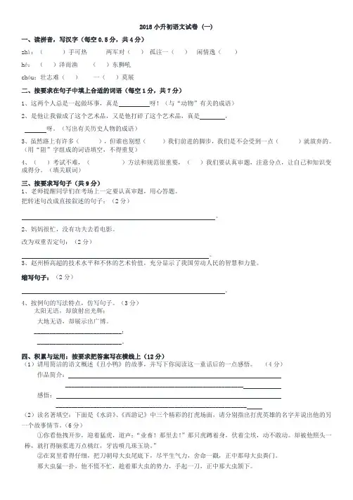 (人教版)小升初语文试卷及答案(共5套)