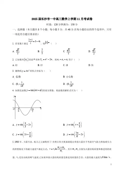 2025届长沙市一中高三数学上学期11月考试卷