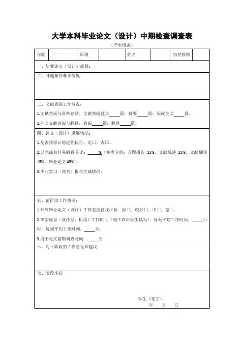 大学本科毕业论文(设计)中期检查调查表