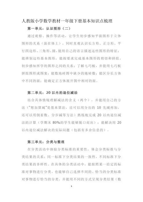 人教版小学数学教材一年级下册基本知识点梳理
