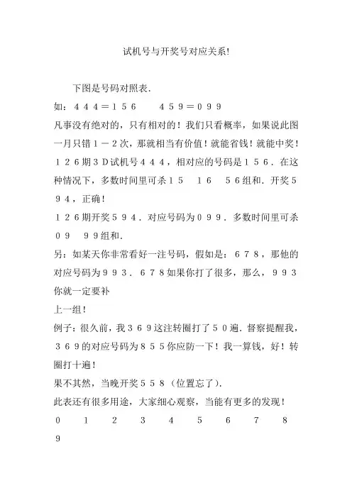 试机号与开奖号对应关系!