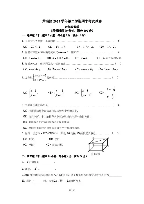 上海市黄浦区2018-2019学年第二学期六年级数学期末试卷(PDF版)