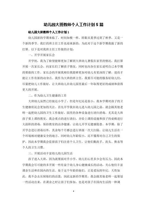 幼儿园大班教师个人工作计划5篇