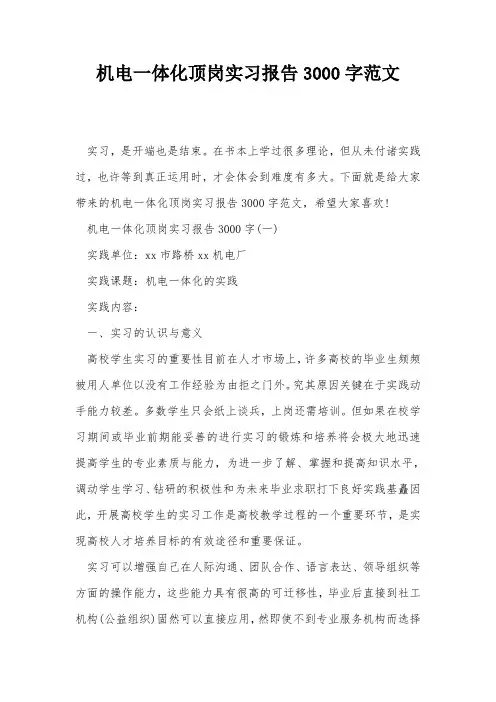 机电一体化顶岗实习报告3000字范文