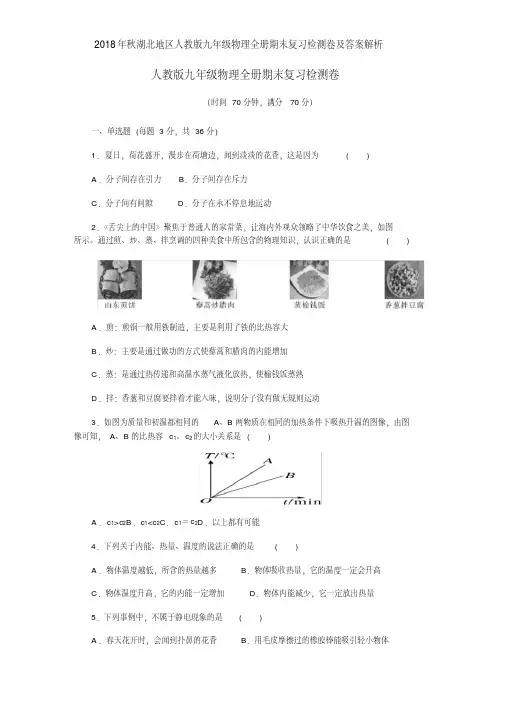 2018年秋湖北地区人教版九年级物理全册期末复习检测卷及答案解析(20190731074213)