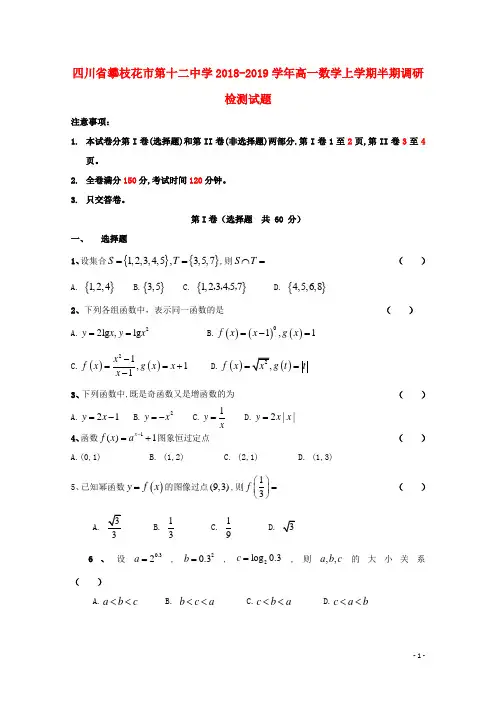 四川省攀枝花市第十二中学2018-2019学年高一数学上学期半期调研检测试题