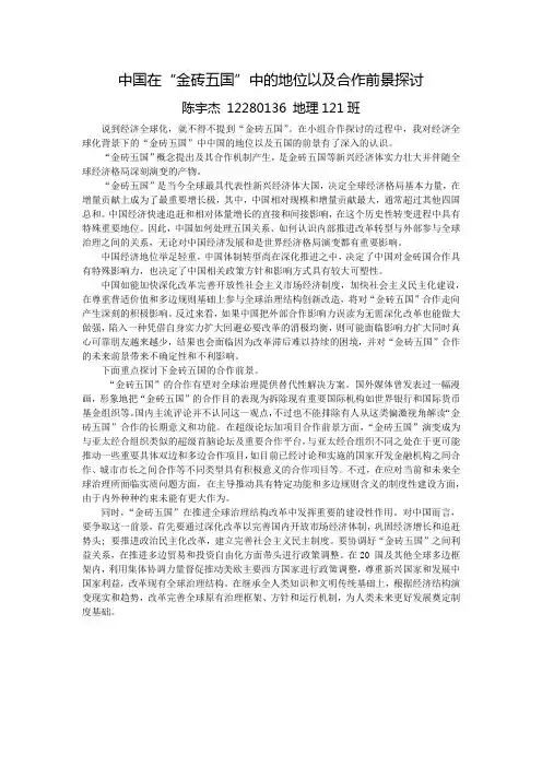 中国在“金砖五国”中的地位以及合作前景探讨