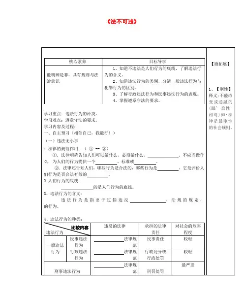 2020秋八年级道德与法治上册 第二单元 遵守社会规则 第五课 做守法的公民 第1框《法不可违》学案(无答案)