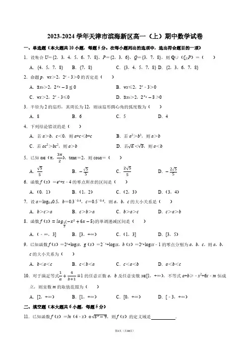 2023-2024学年天津市滨海新区高一(上)期中数学试卷【答案版】