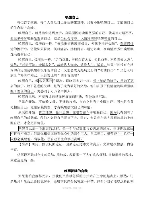 高中优秀议论文：唤醒自己