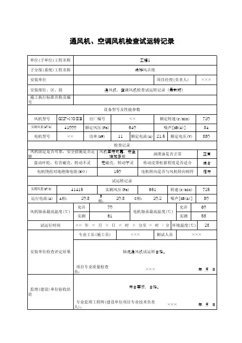 通风机、空调风机检查试运转记录(最新版)