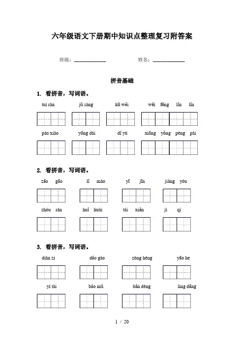 六年级语文下册期中知识点整理复习附答案