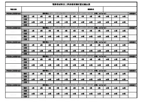 驾照考试科目二学员培训课时登记确认表