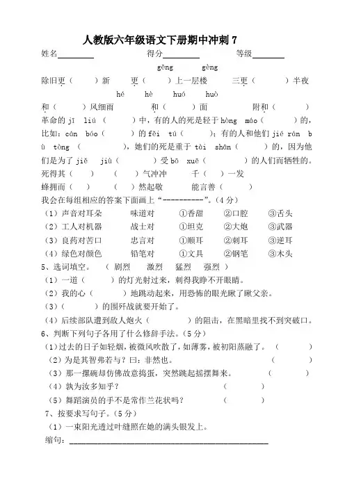 2017人教版六年级语文下册期中冲刺7